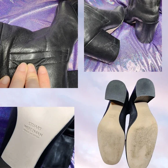 Stuart Weitzman Black Knee High Pull On Soft Leather Gothic Heel Boots Sz 9.5 - Picture 6 of 8